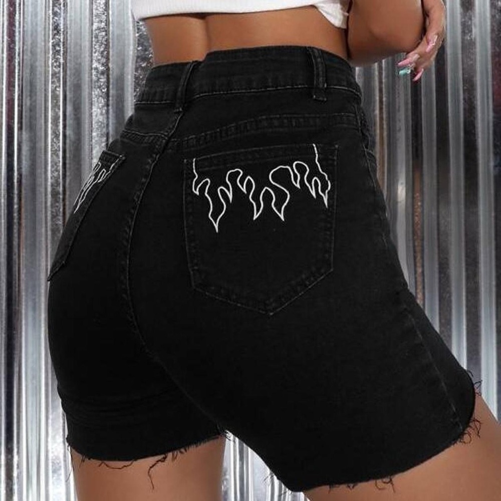 SHEIN Black High Waist Shorts with White Flame Design